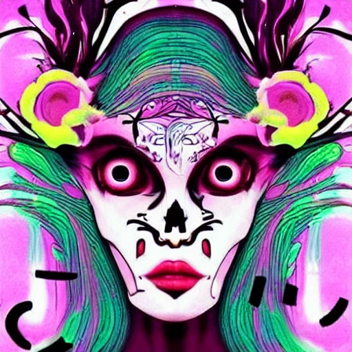 tête de mort, perfect portrait, kawaii, psychedelic, eerie vibrating color palette, hauntingly surreal,, Trippy