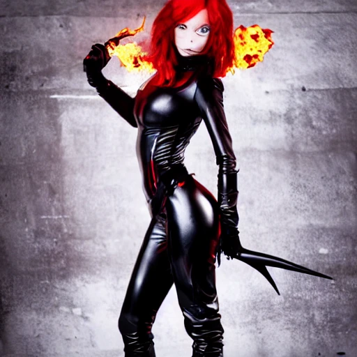 perfect fullsize image of a seductive dark eldar female witch with flame red hair and teasing eyes in a sexy tight black leather suit, strip, perfect body, perfect hands, perfect face, face, detailed, high resolution, HDR, dark mystery glow, sharp focus, 8k, 3D