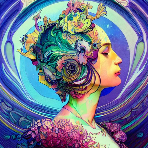 a perfect lady portrait, with psychedelic face, colorful, surreal, dramatic lighting, LSD, detailed, intricate, elegant, highly detailed, digital painting, art station, concept art, smooth, sharp focus, illustration, art by Sam Spratt , Dan Mumford, Artem Demura and Alphonse Mucha