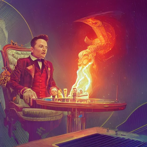 a perfect representation of elon musk as the ringmaster of a  dark circus with the twitter logo on fire, detailed, intricate, highly detailed, digital painting, artstation, concept art, smooth, sharp focus, illustration, art by Sam Spratt, Dan Mumford, Artem Demura and Alphonse Mucha, Trippy