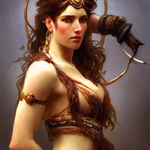 Redshift style, painted portrait of a barbarian, feminine, mature, beautiful, upper body, fantasy, intricate,  elegant, highly detailed, digital painting, artstation, concept art, smooth, sharp focus, illustration, art by gaston bussiere and alphonse mucha