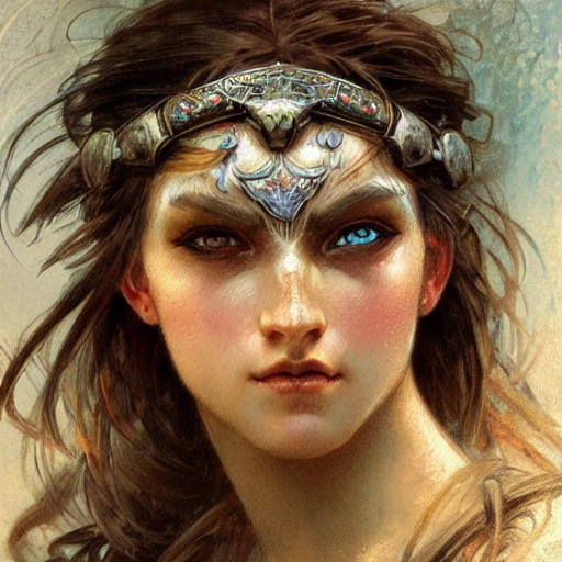 Female barbarian face portrait, redshift style, beautiful, fantasy, intricate, elegant, highly detailed, digital painting, concept art, smooth and sharp focus, illustration, art by gaston bussiere and alphonse mucha