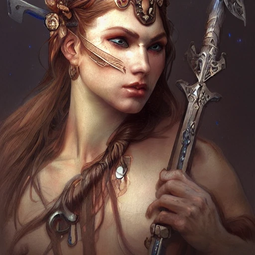 Female barbarian face portrait, redshift style, beautiful, fantasy, intricate, elegant, highly detailed, digital painting, concept art, smooth and sharp focus, illustration, art by gaston bussiere and alphonse mucha