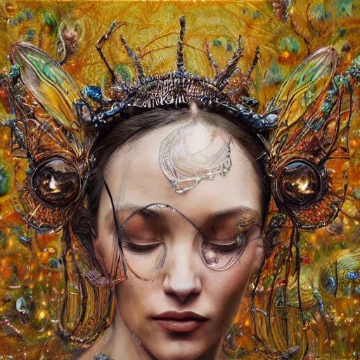 insect queen, intricate delicate" - masterpiece creation by Amanda Sage, Pino Daeni, Wadim Kashin, Eldritch, photorealism, precisionism, hyperdetailed, beautiful, mysterious, hyperrealism, surrealism, incredibly detailed, iridescence, mystery, original, unusual 