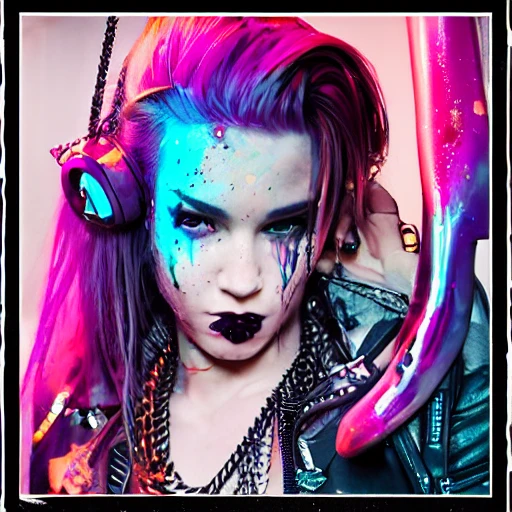 arcane style, girl, Cyberpunk-rock, cool colorful, flowerpunk moebius, atompunk, Ink Dropped in water, splatter drippings, frosted tips hair, nose-ring, lots of chains, spikes on jacket, grunge t-shirt, tattoos, perfect shading, elaborate, epic composition, octane render, unreal engine, 8k, extremely detailed, ultra realistic HDR, tie, detailed portrait, cell shaded, 4 k, concept art, by wlop, ilya kuvshinov, artgerm, krenz cushart, greg rutkowski, pixiv. cinematic dramatic atmosphere, sharp focus, volumetric lighting, cinematic lighting, studio quality, Seed: 79920, Scale: 7.79, Steps: 75, Img Width: 512, Img Height: 768, model version:  Diffusion Beecustom arcane diffusion v3, Negative Prompt, cgi, details bodies, details heads, doll, nipples, Details anatomy, blurry, fuzzy, details arms, details fingers,  details hands, tiling, mutated, out of frame, cloned face.