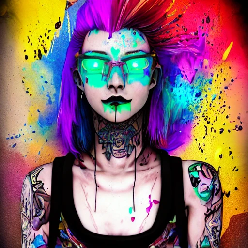 Jinx face, arcane style, girl, Cyberpunk, cool colorful, flowerpunk moebius, atompunk, Ink Dropped in water, splatter drippings, frosted tips hair, nose-ring, grunge t-shirt, tattoos, perfect shading, elaborate, epic composition, octane render, unreal engine, 8k, extremely detailed, ultra realistic HDR, tie, detailed portrait, cell shaded, 4 k, concept art, by wlop, ilya kuvshinov, artgerm, krenz cushart, greg rutkowski, pixiv. cinematic dramatic atmosphere, sharp focus, volumetric lighting, cinematic lighting, studio quality, Seed: 79920, Scale: 7.79, Steps: 75, Img Width: 512, Img Height: 768, model version:  Diffusion Beecustom arcane diffusion v3, Negative Prompt, cgi, details bodies, details heads, doll, nipples, Details anatomy, blurry, fuzzy, details arms, details fingers,  details hands, tiling, mutated, out of frame, cloned face.