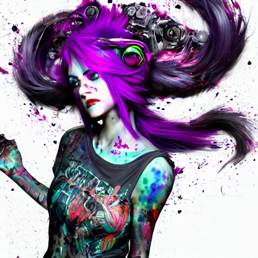 Jinx face, arcane style, girl, Cyberpunk, cool colorful, flowerpunk moebius, Ink Dropped in water, splatter drippings, frosted tips hair, grunge t-shirt, tattoos, perfect shading, elaborate, epic composition, octane render, unreal engine, 8k, extremely detailed, ultra realistic HDR, tie, detailed portrait, cell shaded, 4 k, concept art, by wlop, ilya kuvshinov, artgerm, krenz cushart, greg rutkowski, pixiv. cinematic dramatic atmosphere, sharp focus, volumetric lighting, cinematic lighting, studio quality, Seed: 79920, Scale: 7.79, Steps: 75, Img Width: 512, Img Height: 768, model version:  Diffusion Beecustom arcane diffusion v3, Negative Prompt, cgi, details bodies, details heads, doll, nipples, Details anatomy, blurry, fuzzy, details arms, details fingers,  details hands, tiling, mutated, out of frame, cloned face, Pencil Sketch