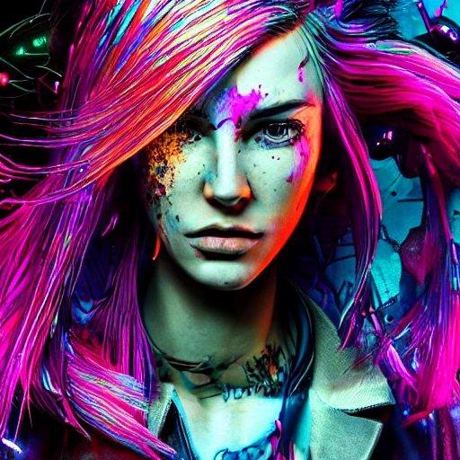 arcane style, Cyberpunk, cool colorful, flowerpunk moebius, Ink Dropped in water, splatter drippings, frosted tips hair, grunge t-shirt, tattoos, perfect shading, elaborate, epic composition, octane render, unreal engine, 8k, extremely detailed, ultra realistic HDR, tie, detailed portrait, cell shaded, 4 k, concept art, by wlop, ilya kuvshinov, artgerm, krenz cushart, greg rutkowski, pixiv. cinematic dramatic atmosphere, sharp focus, volumetric lighting, cinematic lighting, studio quality, Seed: 79920, Scale: 7.79, Steps: 75, Img Width: 512, Img Height: 768, model version:  Diffusion Beecustom arcane diffusion v3, Negative Prompt, cgi, details bodies, details heads, doll, nipples, Details anatomy, blurry, fuzzy, details arms, details fingers,  details hands, tiling, mutated, out of frame, cloned face, Pencil Sketch