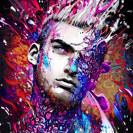 Arcane graphique style, fortiche, splatter drippings, color digital line art, beautiful men portrait, wearing a intricate detailed outfit, gorgeous eyes, beautiful face, dynamic pose, elaborate, dramatic lighting, wlop, loish, artgerm, Ink Dropped in water, frosted tips hair, perfect shading, elaborate, epic composition, octane render, unreal engine, 8k, extremely detailed, ultra realistic HDR, tie, detailed portrait, cell shaded, pixiv. cinematic dramatic atmosphere, sharp focus, volumetric lighting, cinematic lighting, studio quality, model version: arcane diffusion v3, Negative Prompt, cgi, elegant ultra details bodies +++, ultra details heads +++, details nipples, ultra Details anatomy +++, blurry, fuzzy, details arms +++, details fingers +++, details hands +++, mutated, out of frame, cloned face.
