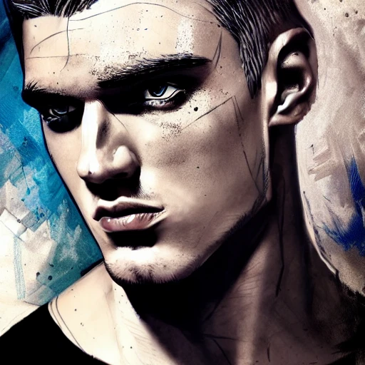men portrait, Arcane graphic style, paper texture, color hair, dynamic pose, ultra detailed face, ultra detailed body, ultra detailed hair, ultra detailed arm, ultra detailed hands, gorgeous eyes, ultra detailed colors flashy eyes, extra colors, dramatic atmosphere, dramatic lighting, artgem, perfect shading, russ mills 8K.