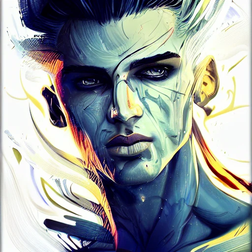 men portrait, Arcane graphic style, paper texture, color hair, dynamic pose, ultra detailed face, ultra detailed body, ultra detailed hair, ultra detailed arm, ultra detailed hands, gorgeous eyes, ultra detailed colors flashy eyes, extra colors, dramatic atmosphere, dramatic lighting, artgem, perfect shading, loish, russ mills, 8K.