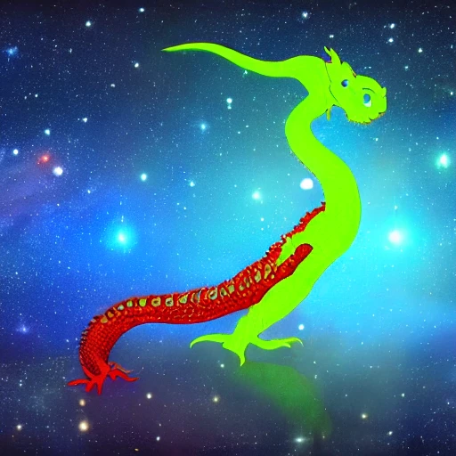 a long dragon, ugly tail, universe, blue and red, shining, green light.