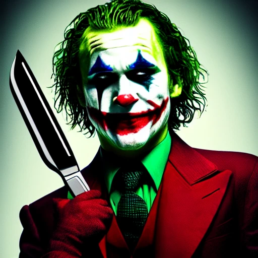 Joker by Heath Ledger with knife and joker card, cinema lights p ...