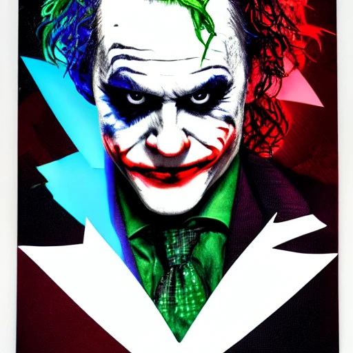 Joker by Heath Ledger with knife and joker card, cinema lights photo bashing epic cinematic octane rendering extremely high detail post processing 8k denoise, detailed, high resolution, HDR,sharp focus, 8k, 3D, hyper detail