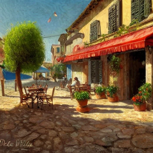 a traditional pizzeria in the street of a small village on the riviera. a terrace in the shade of a hundred - year - old olive tree, a friendly atmosphere around pizzas and rose wine. dolce vita. unreal engine rendering, hyper realist, ultra detailed, oil painting, warm colors, happy, impressionism, da vinci,, Oil Painting
