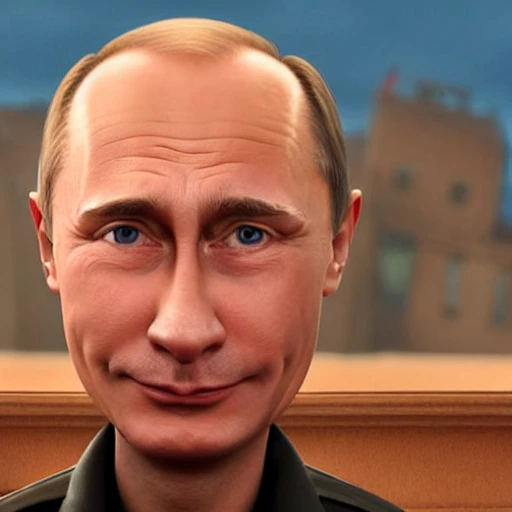 Vladimir Putin in a pixar movie, crying like a child on the floor, rendering, unreal engine, very detailed, amazing likeness, cartoon caricature