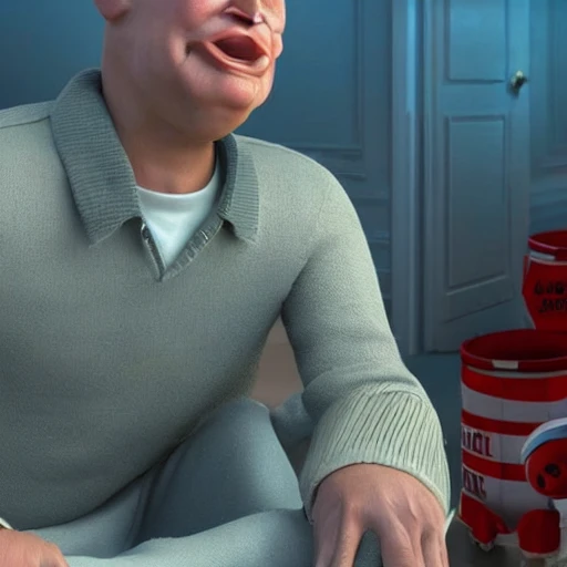Vladimir Putin in a pixar movie, full body, crying like a child, sitting on the floor, playing with toy soldiers, rendering, unreal engine, very detailed, amazing likeness, cartoon caricature