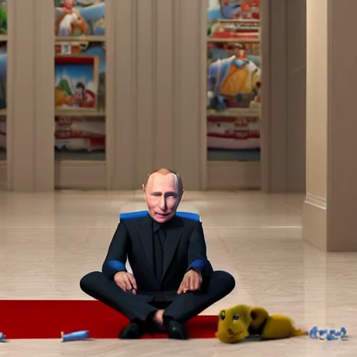 Vladimir Putin in a pixar movie, full body, crying like a child, sitting on the floor, playing with toy soldiers, rendering, unreal engine, very detailed, amazing likeness, cartoon caricature