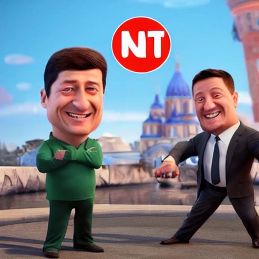 Vladimir Putin and Zelensky in a pixar movie, full body,  fighting like two kids, rendering, unreal engine, very detailed, amazing likeness, cartoon caricature