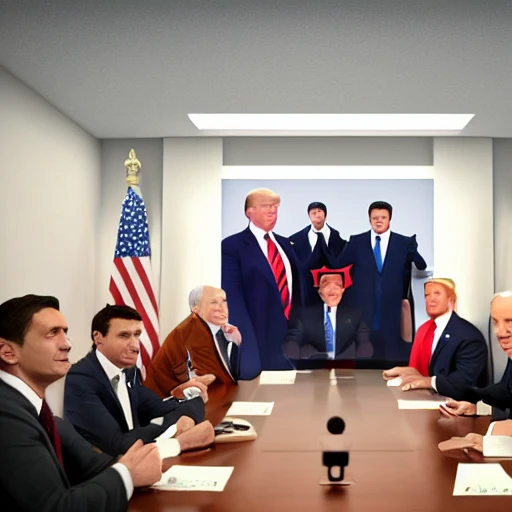 Vladimir Putin, Volodimir Zelensky, Joe Biden, Pedro Sanchez, pope Francisco, Donald Trump in a meeting room, in a pixar movie, full body,  rendering, unreal engine, very detailed, amazing likeness, cartoon caricature