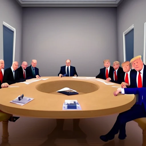 Vladimir Putin, Volodimir Zelensky, Joe Biden, Pedro Sanchez, pope Francisco, Donald Trump in a meeting room, in a pixar movie, full body,  rendering, unreal engine, very detailed, amazing likeness, cartoon caricature