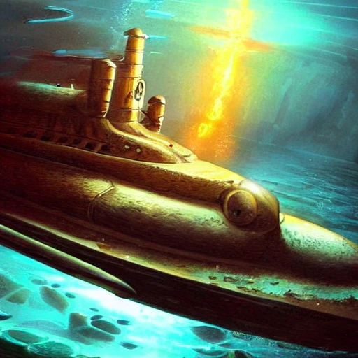 submarine, oceanart , underwater, fantasyart , very detailed, glowing, atlantis