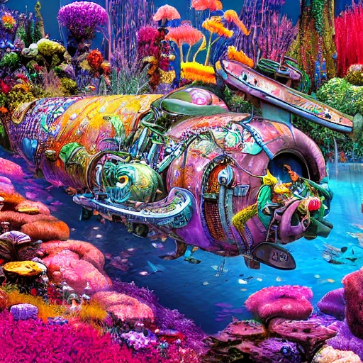 a beautiful and highly detailed submarine, in a dream seaworld magical fantasy forest garden inside, colorful flowers, psychedelic, epic scale, insanely complex, hyperdetailed, sharp focus, hyperrealism, artstation, cgsociety, 8 k, bright colors fantastic view 3D shading shadow depth, 3D