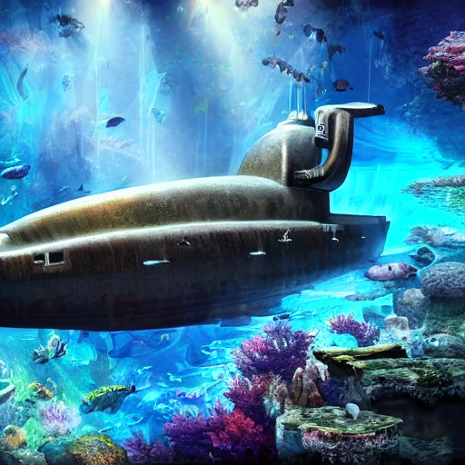 a beautiful and highly detailed ancient submarine, in a dream and magical seaworld, magical fantasy, epic scale, insanely complex, hyperdetailed, sharp focus, hyperrealism, 8 k, bright colors fantastic view 3D shading shadow depth, 3D