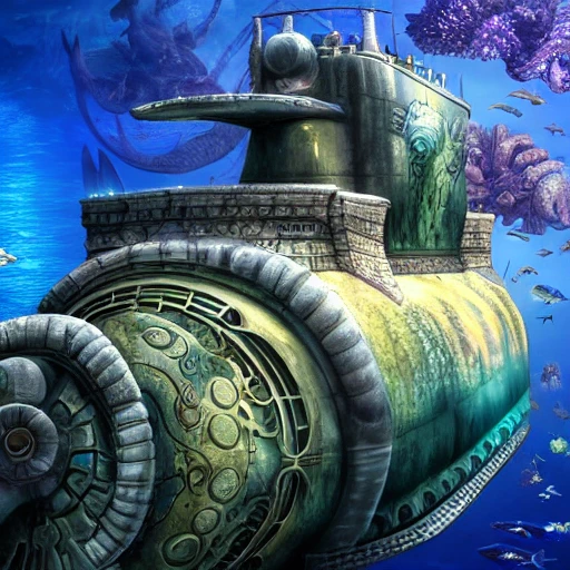 a beautiful and highly detailed ancient submarine, deep ocean and magical seaworld, magical fantasy, magical colors, fog, hyperdetailed, sharp focus, hyperrealism, 8k, bright colors fantastic view 3D shading shadow depth, 3D