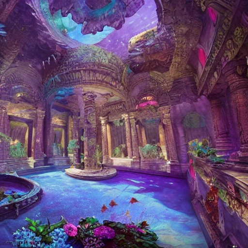 a beautiful and highly detailed matte painting of a beautiful dream ancient ruin palace in the deep sea, blue ocean, colorful flowers, psychedelic, epic scale, insanely complex, hyperdetailed, sharp focus, hyperrealism, artstation, cgsociety, 8 k, bright colors fantastic view 3D shading shadow depth, 3D