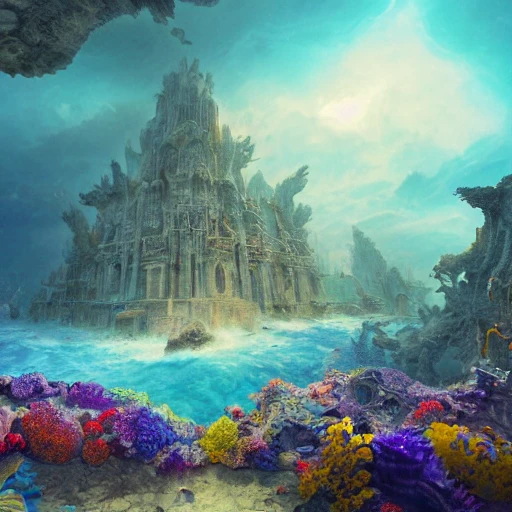 a beautiful and highly detailed matte painting of a beautiful dream ancient ruin palace in the deep sea, blue ocean, colorful flowers, psychedelic, epic scale, insanely complex, hyperdetailed, sharp focus, hyperrealism, artstation, cgsociety, 8 k, bright colors fantastic view 3D shading shadow depth, 3D