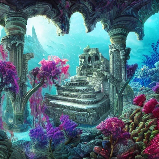 a beautiful and highly detailed photo of a beautiful dream ancient ruin palace in the deep sea, blue ocean, colorful flowers, psychedelic, epic scale, insanely complex, hyperdetailed, sharp focus, hyperrealism, artstation, cgsociety, 8 k, bright colors fantastic view 3D shading shadow depth, 3D