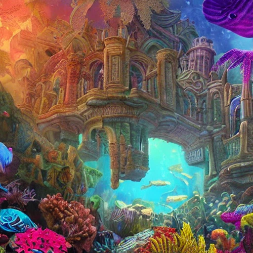 a beautiful and highly detailed photo of a beautiful dream ancient ruin palace in the deep sea, blue ocean, colorful fishes, colorful flowers, psychedelic, epic scale, insanely complex, hyperdetailed, sharp focus, hyperrealism, artstation, cgsociety, 8 k, bright colors fantastic view 3D shading shadow depth, 3D