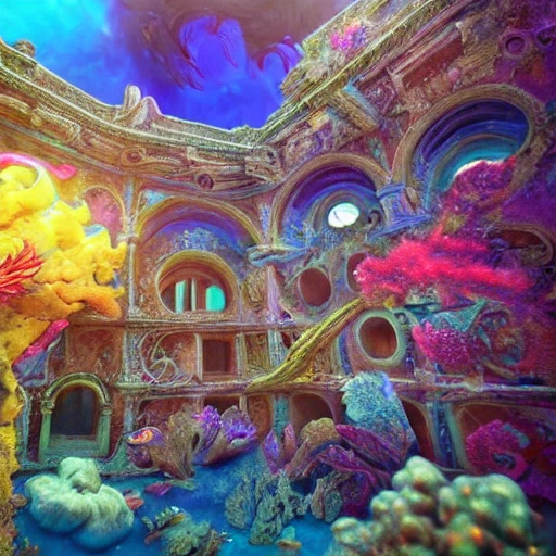 a beautiful and highly detailed photo hyper realistic  of a beautiful dream ancient ruin palace in the deep sea, blue ocean, colorful fishes, colorful flowers, psychedelic, epic scale, insanely complex, hyperdetailed, sharp focus, hyperrealism, artstation, cgsociety, 8 k, bright colors fantastic view 3D shading shadow depth, 3D