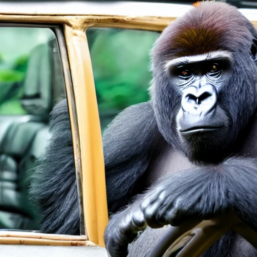 gorilla sitting in a taxi eating cotton candy
