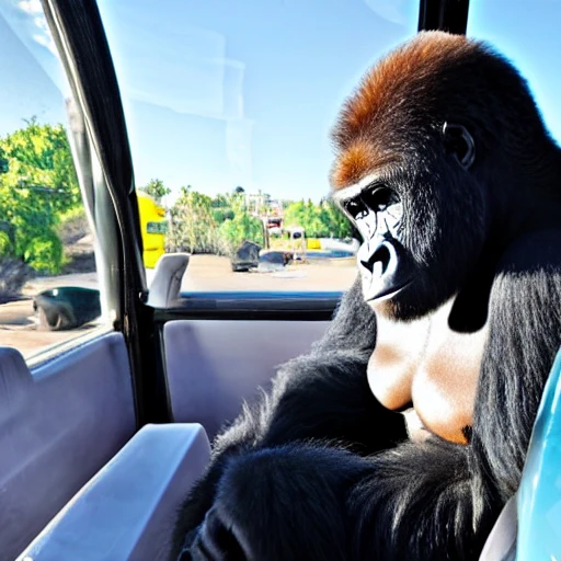 gorilla sitting in a taxi, eating cotton candy
