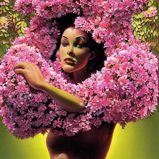 a body made out of pink flowers, by clyde caldwell and tim hildebrandt