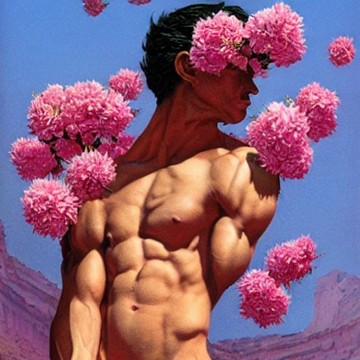 a male body made out of pink flowers, by clyde caldwell and tim hildebrandt