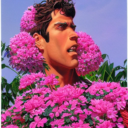 a male body made out of pink flowers, by clyde caldwell and tim hildebrandt