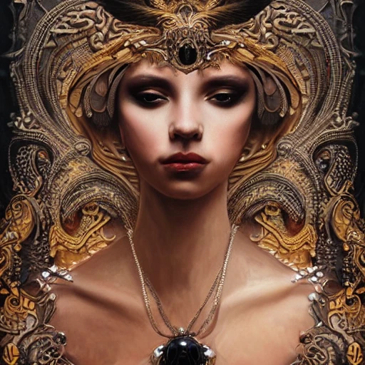 Portrait of a beautiful goddess, enigmatic beauty, small smile, beautiful big eyes, dominant shades of black, gold, silver, dark red, white, head in focus, fantasy art, ornamental aesthetics, intricate, elegant, highly detailed, hyperrealistic painting, artstation, concept art, painterly, sharp focus, illustration, art by karol bak
, Trippy, Cartoon