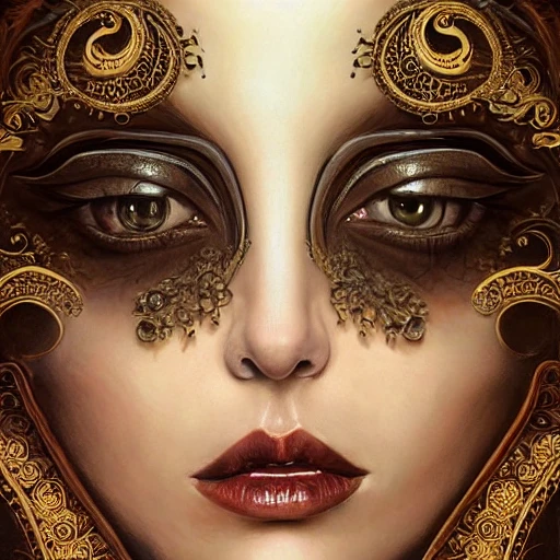 Portrait of a beautiful goddess, enigmatic beauty, small smile, beautiful big eyes, dominant shades of black, gold, silver, dark red, white, head in focus, fantasy art, ornamental aesthetics, intricate, elegant, highly detailed, hyperrealistic painting, artstation, concept art, painterly, sharp focus, illustration, art by karol bak
, Trippy, Cartoon, 3D