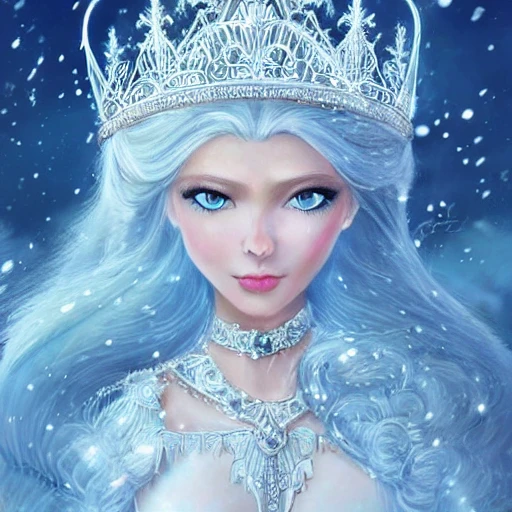 extremely detailed portrait of just one beautiful snow queen, with amazing perfect eyes, full shape body white and silver dress, crystal crown, floating delicate hair, with a crystal crown, intricate, elegant, highly detailed, with snow, crystal castle in the background, fantasy digital painting, artstation, concept art, smooth, sharp focus, illustration, art by artgerm and greg rutkowski and alphonse mucha and Gustav Klimt and Ilya Kuvshinov sharp focus, detailed matte painting, fantastical, intricate detail, 8k resolution, Unreal Engine , 3D