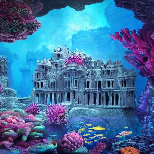 a beautiful and highly detailed photo of a beautiful dream ancient ruin palace in the deep sea, blue ocean, colorful flowers, psychedelic, epic scale, insanely complex, hyperdetailed, sharp focus, hyperrealism, artstation, cgsociety, 8 k, bright colors fantastic view 3D shading shadow depth, 3D