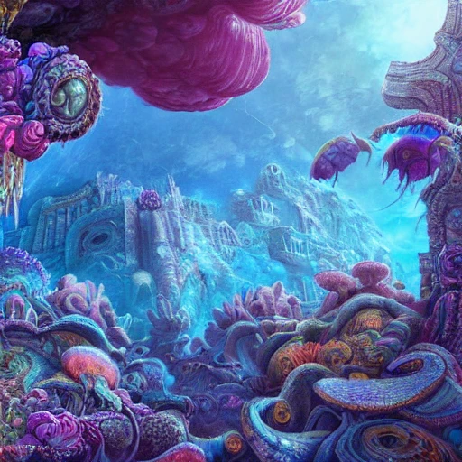 a beautiful and highly detailed photo of a beautiful dream ancient ruin palace in the deep sea, blue ocean, colorful flowers, psychedelic, epic scale, insanely complex, hyperdetailed, sharp focus, hyperrealism, artstation, cgsociety, 8 k, bright colors fantastic view 3D shading shadow depth, 3D, Water Color, Trippy