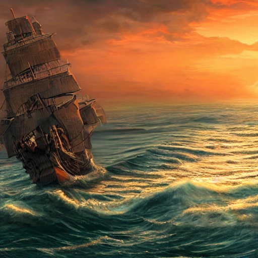 Painting of a ship on rough waters at sunset, intricate, highly detailed, overgrown, photo realistic, high quality, cinematic, gorgeous, 4k, hd, digital art, mythica
