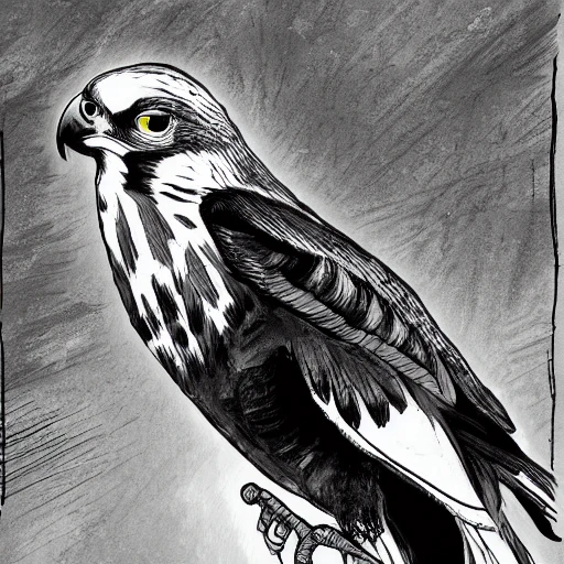 high quality illustration, black and white, alfred hitchcock, falcon, birds, horror