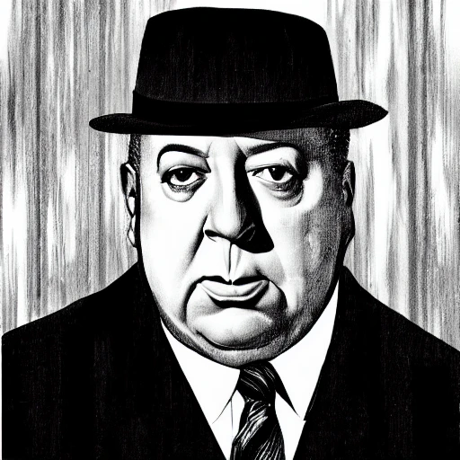 high quality illustration, black and white, alfred hitchcock face, falcon, horror