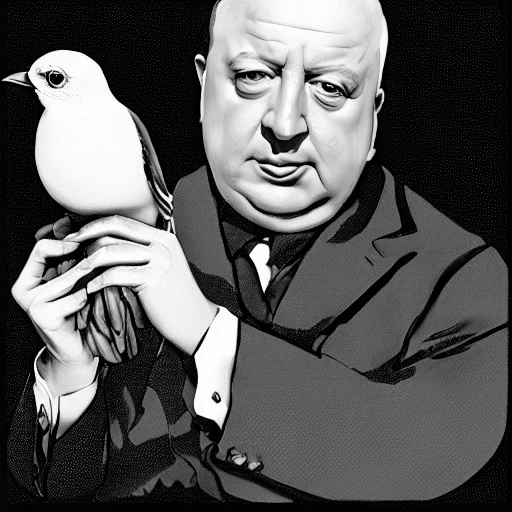 high quality illustration, black and white, alfred hitchcock with a pretty bird on the shoulder