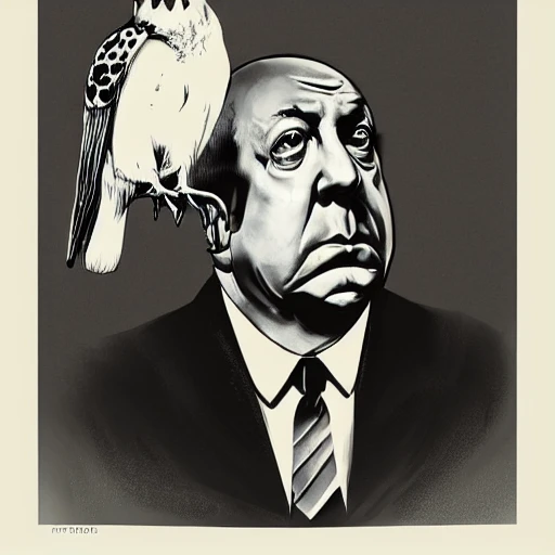 high quality illustration, black and white, alfred hitchcock with a falcon, horror