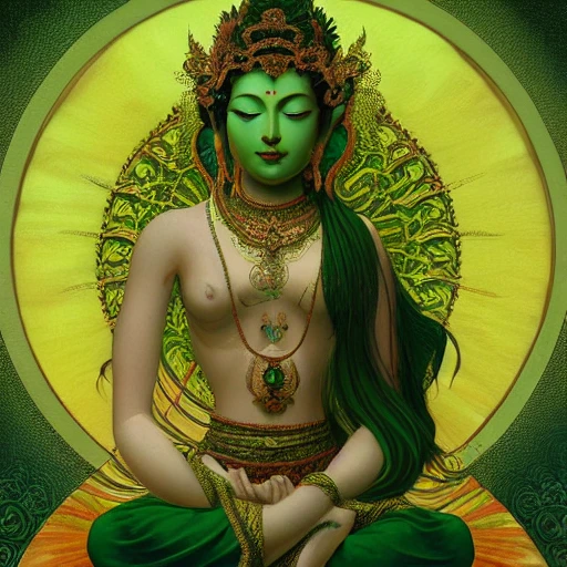 intense portrait of the green tara bodhisattva meditating, intricate, elegant, highly detailed, my rendition, digital painting, artstation, concept art, smooth, sharp focus, green color scheme, illustration, art by artgerm and greg rutkowski and alphonse mucha 